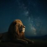 IMAX的な画角で捉えた星空とライオンの壮麗な構図。天の川と共鳴するその姿が、映像的なスケールと感情を描き出す。 A majestic lion under the Milky Way, captured in IMAX-style cinematic composition. Wide frame emphasizes emotional gravity and cosmic scale.