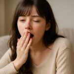 眠気に包まれてあくびをするセリナ。ベージュのリブニットを着て、朝の光が頬をやさしく照らす。やや伏し目がちに、片手で口元を押さえる姿が静かな余白を映し出す。 A young woman yawns softly in warm morning light, her hand gently covering her mouth. Her relaxed gaze and beige knitwear evoke a quiet, dreamy mood.