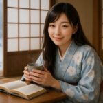 雪の降る和室で、薄藍の和服をまとったセリナがこたつに入り、湯呑を両手で包みながらやわらかく微笑んでいる。静かな読書時間が描かれる。 Serina sits at a kotatsu in a snowy Japanese room, wearing a pale blue kimono. She holds a teacup warmly in both hands, smiling gently as soft light and falling snow surround her.