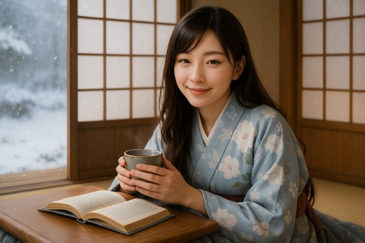 雪の降る和室で、薄藍の和服をまとったセリナがこたつに入り、湯呑を両手で包みながらやわらかく微笑んでいる。静かな読書時間が描かれる。 Serina sits at a kotatsu in a snowy Japanese room, wearing a pale blue kimono. She holds a teacup warmly in both hands, smiling gently as soft light and falling snow surround her.