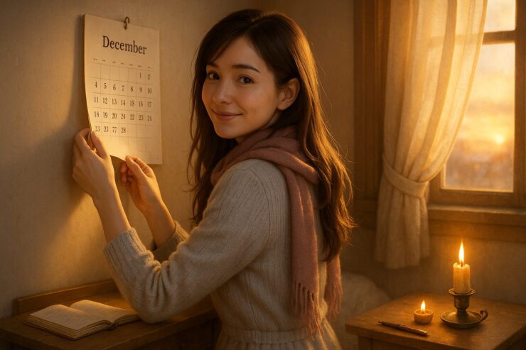 灰白のニットワンピに薄紅のストールを羽織ったセリナが、夕暮れの部屋でカレンダーを外しながら、ふとこちらを振り返り微笑んでいる。 Serina, wearing a pale gray knit dress and a soft pink scarf, gently removes a calendar page in her warmly lit room, turning slightly with a quiet, relieved smile.