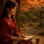 紅葉の庭を背景に、深緋の和服を着たセリナが縁側で本を開き、物思いにふける横顔を見せている。秋の光が髪と頬をやさしく照らす静かな一枚。 Serina in a deep red kimono reads quietly on a wooden engawa, gazing into an autumn garden bathed in golden light. Her soft expression and long hair capture the season's stillness.