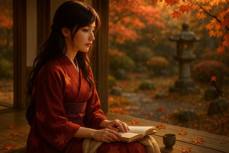 紅葉の庭を背景に、深緋の和服を着たセリナが縁側で本を開き、物思いにふける横顔を見せている。秋の光が髪と頬をやさしく照らす静かな一枚。 Serina in a deep red kimono reads quietly on a wooden engawa, gazing into an autumn garden bathed in golden light. Her soft expression and long hair capture the season's stillness.