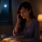 月明かりと読書灯に照らされた部屋で、ラベンダーのルームウェアを着たセリナがベッドに腰かけ、髪に触れながら窓辺を見つめている。 Serina sits on her bed in soft lavender loungewear, gently touching her hair while gazing out the window. Warm light from a reading lamp and moonlight softly illuminate her features.