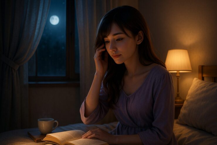 月明かりと読書灯に照らされた部屋で、ラベンダーのルームウェアを着たセリナがベッドに腰かけ、髪に触れながら窓辺を見つめている。 Serina sits on her bed in soft lavender loungewear, gently touching her hair while gazing out the window. Warm light from a reading lamp and moonlight softly illuminate her features.