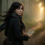 霧が立ち込める森の分かれ道で、セリナがダークコートにスカーフを巻いて立ち止まり、振り返るようにこちらを見る。手には古地図を持ち、朝の光が道を照らしている。 In a misty forest, Serina stands at a forked path wearing a dark coat and flowing scarf, holding an old map. She looks back gently, while morning light glows ahead through the trees.