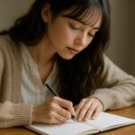 ノートにペンを走らせるセリナ。ベージュのニットに包まれた手元と静かな集中が、感情を整える習慣の美しさを伝える。 Serina quietly journaling in soft daylight, her beige knit sleeves and focused gaze capturing the beauty of emotional release through writing.