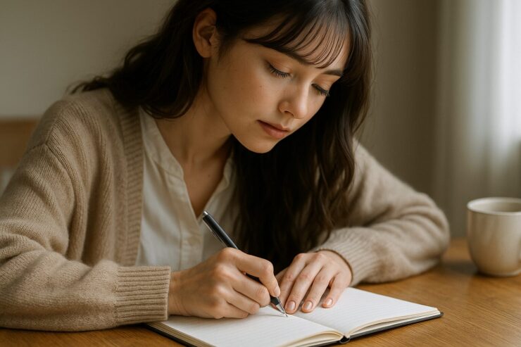 ノートにペンを走らせるセリナ。ベージュのニットに包まれた手元と静かな集中が、感情を整える習慣の美しさを伝える。 Serina quietly journaling in soft daylight, her beige knit sleeves and focused gaze capturing the beauty of emotional release through writing.