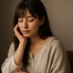 静かに目を閉じるセリナの横顔。頬に添えた手とやわらかな布が、沈黙という名の回復を優しく描き出す。 Serina with her eyes closed in gentle silence, her hand resting softly on her cheek. The fabric around her shoulder conveys the healing presence of quiet.