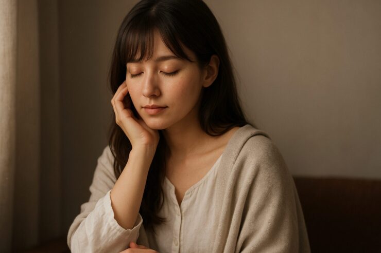 静かに目を閉じるセリナの横顔。頬に添えた手とやわらかな布が、沈黙という名の回復を優しく描き出す。 Serina with her eyes closed in gentle silence, her hand resting softly on her cheek. The fabric around her shoulder conveys the healing presence of quiet.