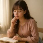 窓辺でノートに向かい、自分の「好き」を探している少女の考える表情（頬にペンを添えるポーズ）｜A young woman sitting by the window with a notebook, gently touching her cheek with a pen as she contemplates what she loves.