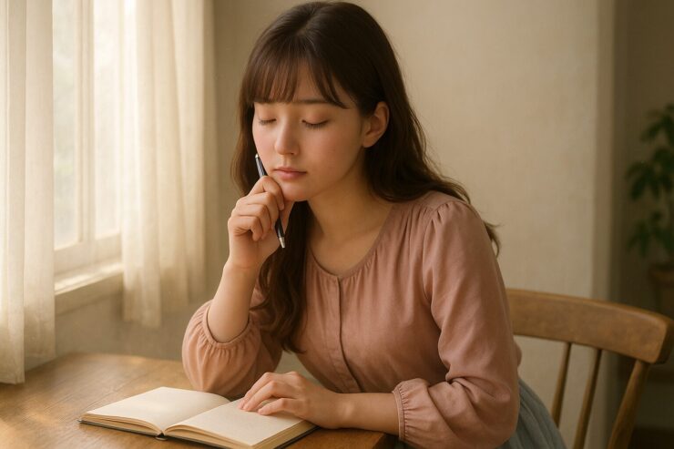 窓辺でノートに向かい、自分の「好き」を探している少女の考える表情(頬にペンを添えるポーズ)|A young woman sitting by the window with a notebook, gently touching her cheek with a pen as she contemplates what she loves.