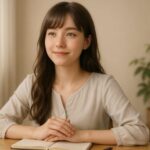 ノートを閉じて、穏やかな笑みを浮かべるセリナ。“うまくやる”より“やめない”ことを選んだ静かな決意がにじむ構図。 Serina closes her notebook with a quiet, gentle smile—capturing the peaceful resolve of choosing to continue, rather than to be perfect.