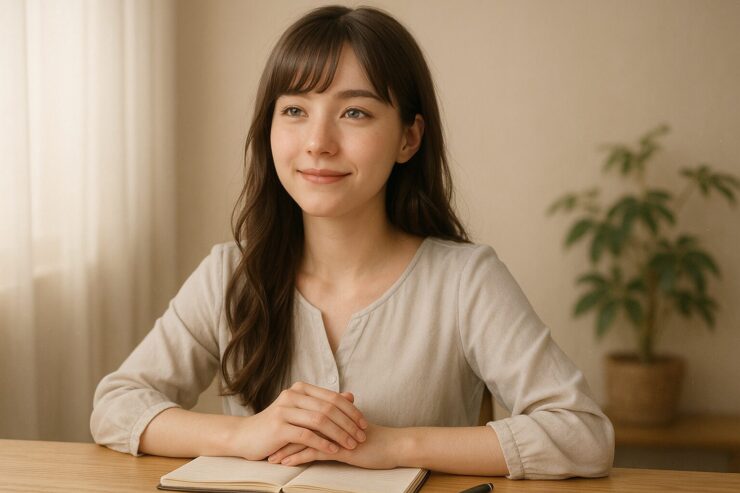 ノートを閉じて、穏やかな笑みを浮かべるセリナ。“うまくやる”より“やめない”ことを選んだ静かな決意がにじむ構図。 Serina closes her notebook with a quiet, gentle smile—capturing the peaceful resolve of choosing to continue, rather than to be perfect.