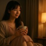 夜の灯りの中で、セリナがそっとマグカップを両手に包む。穏やかな笑みと静かな光が、ひとり時間の癒しを描き出す。 Serina cradles a warm mug in both hands under soft lamplight, her gentle smile and relaxed posture evoking a soothing nighttime routine.