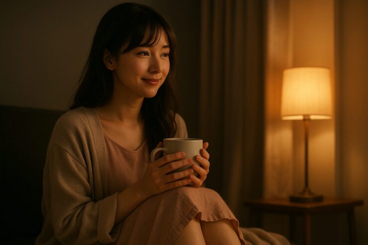 夜の灯りの中で、セリナがそっとマグカップを両手に包む。穏やかな笑みと静かな光が、ひとり時間の癒しを描き出す。 Serina cradles a warm mug in both hands under soft lamplight, her gentle smile and relaxed posture evoking a soothing nighttime routine.