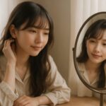 鏡の前で自分を見つめるセリナ。柔らかな光のなか、頬に火種を灯しながら、そっと髪を整える静かな姿が映っている。 Serina gazes softly into the mirror, touching her hair in a quiet moment. The natural light enhances her centered features and calm expression, inviting peaceful introspection.