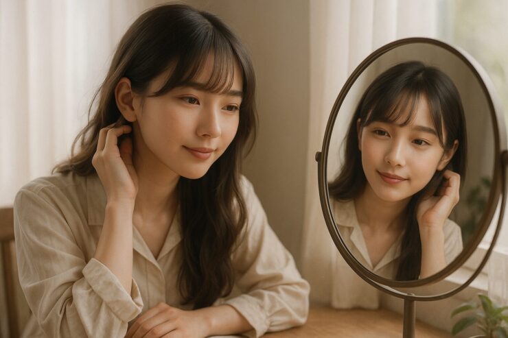 鏡の前で自分を見つめるセリナ。柔らかな光のなか、頬に火種を灯しながら、そっと髪を整える静かな姿が映っている。 Serina gazes softly into the mirror, touching her hair in a quiet moment. The natural light enhances her centered features and calm expression, inviting peaceful introspection.