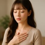 目を閉じて、胸に手をあてて深呼吸するセリナ。柔らかな光とリブニットの温もりが、焦りをほどく“呼吸の習慣”を映し出す。 Serina places her hand on her chest and takes a deep breath, her eyes gently closed. The soft ribbed fabric and warm natural light embody a calming ritual to ease anxiety.