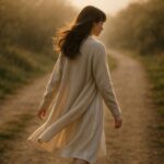 やわらかな風に揺れるカーディガンと髪。まっすぐではなくても、自分のペースで歩いていく背中が、こんなにも美しく見える瞬間。 A young woman walks slowly along a quiet path at golden hour. Her beige cardigan flows with the wind, and her gentle steps convey the beauty of a life moving at its own pace.