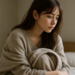 肩に毛布をかけ、うつむいたまま静かに座る彼女の姿は、“できない日”のやさしい肯定そのもの。光が静かにその横顔を包む構図。 A young woman wrapped in a blanket sits quietly on a bed, her gaze lowered. The soft light gently outlines her face, expressing the quiet strength of accepting an unproductive day.