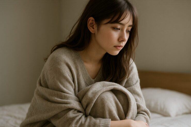肩に毛布をかけ、うつむいたまま静かに座る彼女の姿は、“できない日”のやさしい肯定そのもの。光が静かにその横顔を包む構図。 A young woman wrapped in a blanket sits quietly on a bed, her gaze lowered. The soft light gently outlines her face, expressing the quiet strength of accepting an unproductive day.