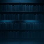 静かな照明に浮かぶ、現代的な本棚。青く淡い光が背表紙を照らし、読むことの静謐と構造美を映し出している。背景には情報の気配を感じるデジタルな粒子。 A modern bookshelf softly glowing under ambient light, each spine reflecting quiet structure and stillness. Digital particles shimmer faintly in the background, evoking a sense of silent intelligence.