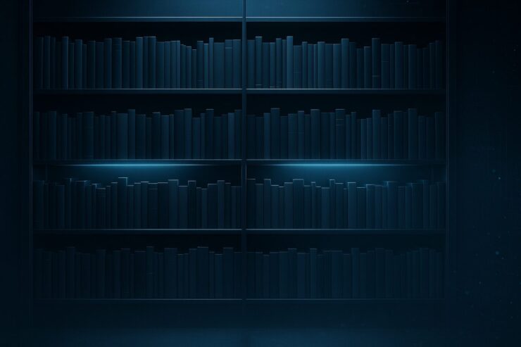 静かな照明に浮かぶ、現代的な本棚。青く淡い光が背表紙を照らし、読むことの静謐と構造美を映し出している。背景には情報の気配を感じるデジタルな粒子。 A modern bookshelf softly glowing under ambient light, each spine reflecting quiet structure and stillness. Digital particles shimmer faintly in the background, evoking a sense of silent intelligence.