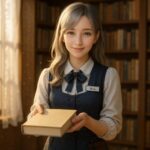 若い女性の書店員ミリアが、木製書棚の前で本を優しく差し出して微笑んでいる横長アイキャッチ。柔らかな午後光と銀金の髪が揺れ、本を手渡す仕草が読書の世界へ誘う雰囲気を作っている。 A young bookstore clerk named Miria stands before wooden bookshelves, gently offering a book with a warm smile. Soft afternoon light highlights her silver-gold hair, creating an inviting scene that welcomes viewers into the world of reading.
