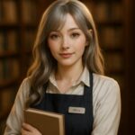 書店で本を抱えるミリアが、銀金の髪を揺らしながらやわらかく微笑む横長の写真。温かい書棚の前で、優しいまなざしを向けて読者を迎える書店員の雰囲気。 A horizontal photo of Miria, a gentle bookstore clerk with silver-gold hair, smiling softly while holding a book. Warm shelves glow behind her as she looks toward the viewer with a calm, welcoming gaze.