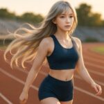 夕暮れの陸上トラックを走るミリア。銀金グラデのロングヘアが風に揺れ、ネイビーのランニングウェアで柔らかい表情のまま前を見つめる姿。やさしい光に包まれた高解像度フォト。 Miria running on an athletics track at golden hour, her silver-gold long hair flowing in the wind. She wears a navy running outfit and looks ahead with a calm, gentle expression. High-resolution photorealistic image.