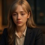 仕事終わりの夜、少し疲れた表情で座るOLの若い女性。静かな室内でやわらかな光に包まれ、不安と落ち着きが同居している。 A young office worker sitting indoors at night after work, softly lit, showing gentle fatigue and quiet anxiety in a calm atmosphere.