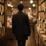 暖色照明の書店通路を、コート姿の男性が静かに歩く後ろ姿。左右の木の本棚と手書きPOPが“出会い”の空気をつくっている。/ Back view of a man in a coat walking through a warmly lit Japanese bookstore aisle, with wooden shelves and small handwritten recommendation cards.