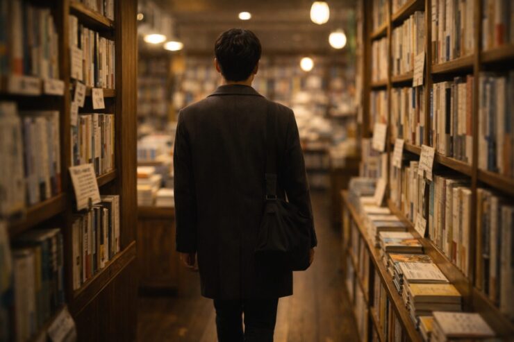 暖色照明の書店通路を、コート姿の男性が静かに歩く後ろ姿。左右の木の本棚と手書きPOPが“出会い”の空気をつくっている。/ Back view of a man in a coat walking through a warmly lit Japanese bookstore aisle, with wooden shelves and small handwritten recommendation cards.