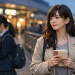 歩道ですれ違う高校生たちの中で、紙の本を胸に抱えて歩くセリナの横長ポートレート。スマホに視線を落とす高校生たちと、本の世界に心を向けるセリナの対比が分かる一枚。 / A wide horizontal portrait of Serina walking past high school students on a city sidewalk, holding a paper book to her chest while the students look down at their smartphones, highlighting the contrast between digital screens and quiet reading.