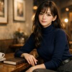 本とカップが置かれたブックカフェで、ネイビーのハイネックニット姿のセリナが静かに座る横長ポートレート。落ち着いた眼差しと控えめな微笑みに、やさしさの奥の芯と知性がにじんでいる。