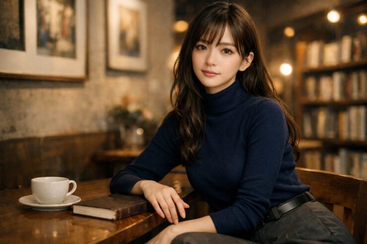 本とカップが置かれたブックカフェで、ネイビーのハイネックニット姿のセリナが静かに座る横長ポートレート。落ち着いた眼差しと控えめな微笑みに、やさしさの奥の芯と知性がにじんでいる。