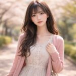 桜並木の春の小道に立つセリナの横長ポートレート。淡いピンクのカーディガンとやわらかなレースワンピ姿で、可憐さの奥にある静かな不安と守りたくなる空気を映している。