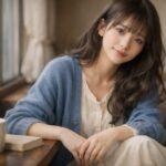 窓辺の席に座るセリナの横長ポートレート。青みのあるカーディガンと淡いブラウス姿で、やわらかな眼差しと静かな微笑みが、気が弱い自分を少し受け入れはじめた空気を伝えている。