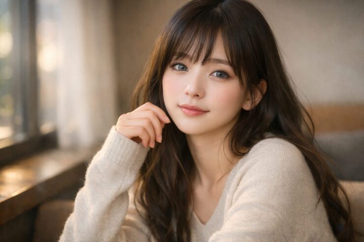 窓辺のやわらかな光の中で、静かにこちらを見るセリナの横長ポートレート。控えめな微笑みとやさしい眼差しが、気が弱さの中にある安心感と静かな魅力を伝えている。