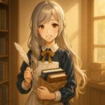 書店の朝光に包まれて本を手渡すミリア