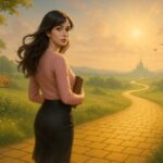 黄色いレンガ道を歩くセリナ。遠くにエメラルドの都が見える、幻想的な朝の風景