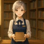 A gentle female bookstore clerk with silver-gold hair offering a book in a sunlit wooden library interior.（銀金髪の書店員が木造書店で本を差し出す穏やかなシーン）