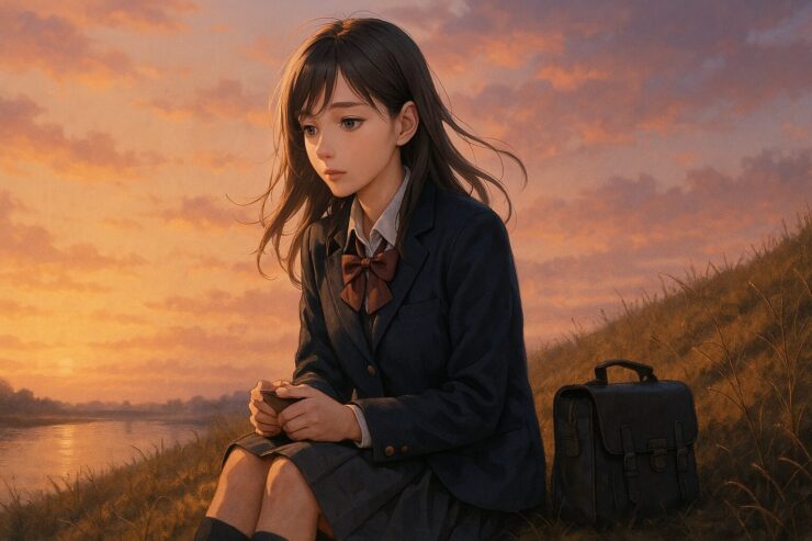 A high school girl with blue-gray eyes sits quietly on a sunset riverbank, lost in thought（ブルーグレーの瞳をもつ高校生の少女が、夕暮れの土手で静かに想いにふけっている）
