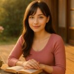 Serena on a sunlit Japanese engawa with a book, teacup, and small flower, creating a calm and inviting scene