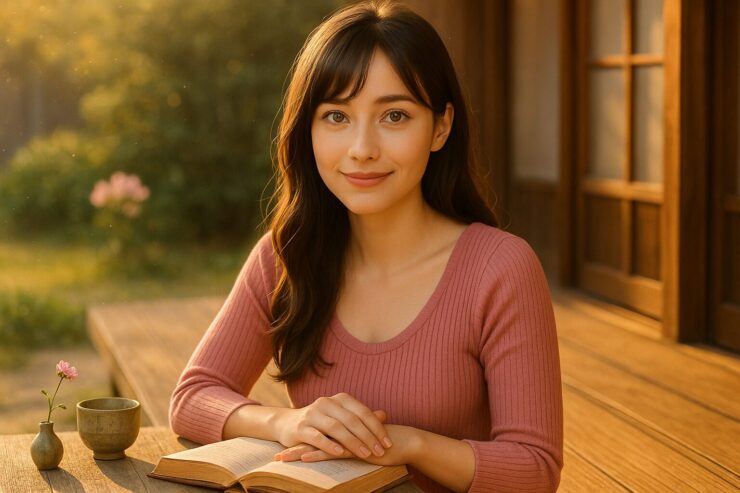 Serena on a sunlit Japanese engawa with a book, teacup, and small flower, creating a calm and inviting scene