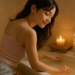 湯船を準備するセリナの静かな日常シーン（入浴剤・リラックスウェア）／Serina preparing a bath in soft light with bath salts and relaxing loungewear