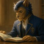 静かに絵本を読む青年王キングの横顔｜A young lion prince reading a picture book in a sunlit library, wearing a royal blue jacket