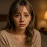 不安を抱えながらも穏やかな表情でこちらを見つめる若い女性。寝る前のリラックスした部屋で、やわらかな光に包まれている。 A young woman with a gentle, anxious expression sitting indoors at night, softly lit in a calm pre-sleep atmosphere.