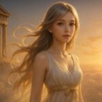 ギリシャ神話の神殿を背に、雲海と夕日の中で佇むミリア。銀金グラデの長い髪が風に揺れ、白と金の神話ドレスが柔らかい光を受けて輝く幻想的アイキャッチ。 Miria standing before an ancient Greek temple above the clouds at sunset. Her silver-gold hair flows in the wind, and her white-gold mythic dress glows softly in the warm light.